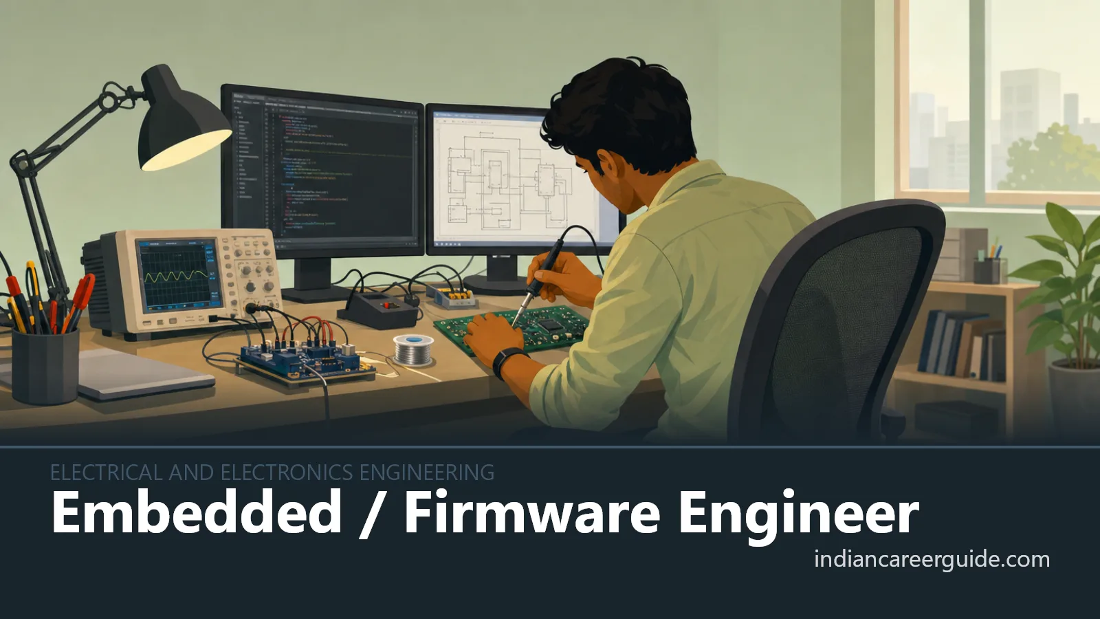 Electronics lab where a firmware engineer checks serial output on a laptop beside a test board.