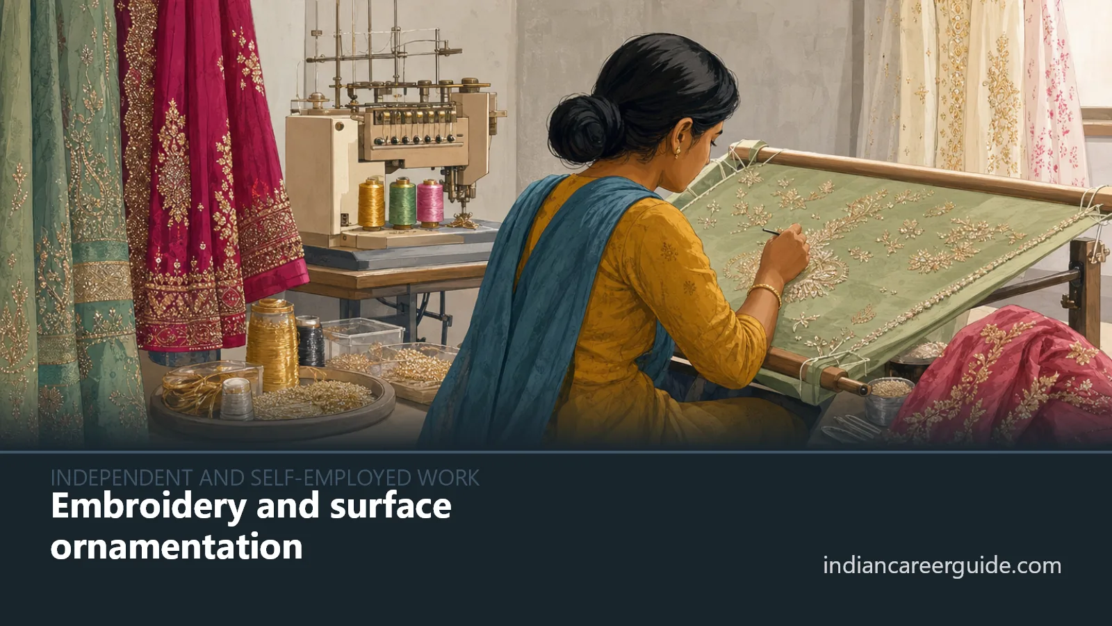Export house floor where a surface ornamentation worker decorates garments at a sewing machine.