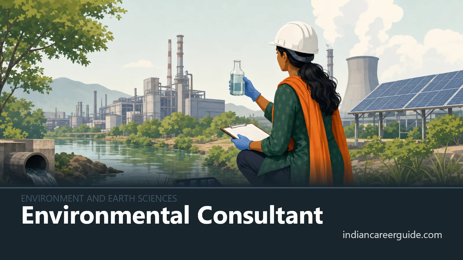 At a factory site, an environmental consultant checks an effluent outlet for pollution compliance.