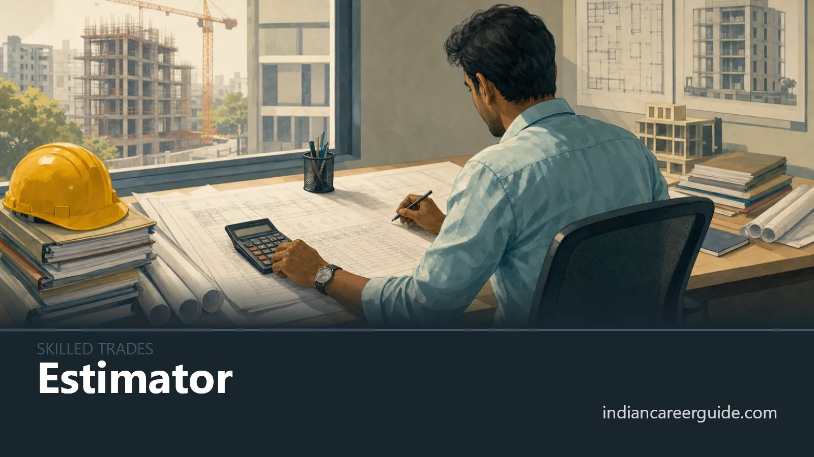 At a construction site office, an estimator checks drawings and rates for a tender.