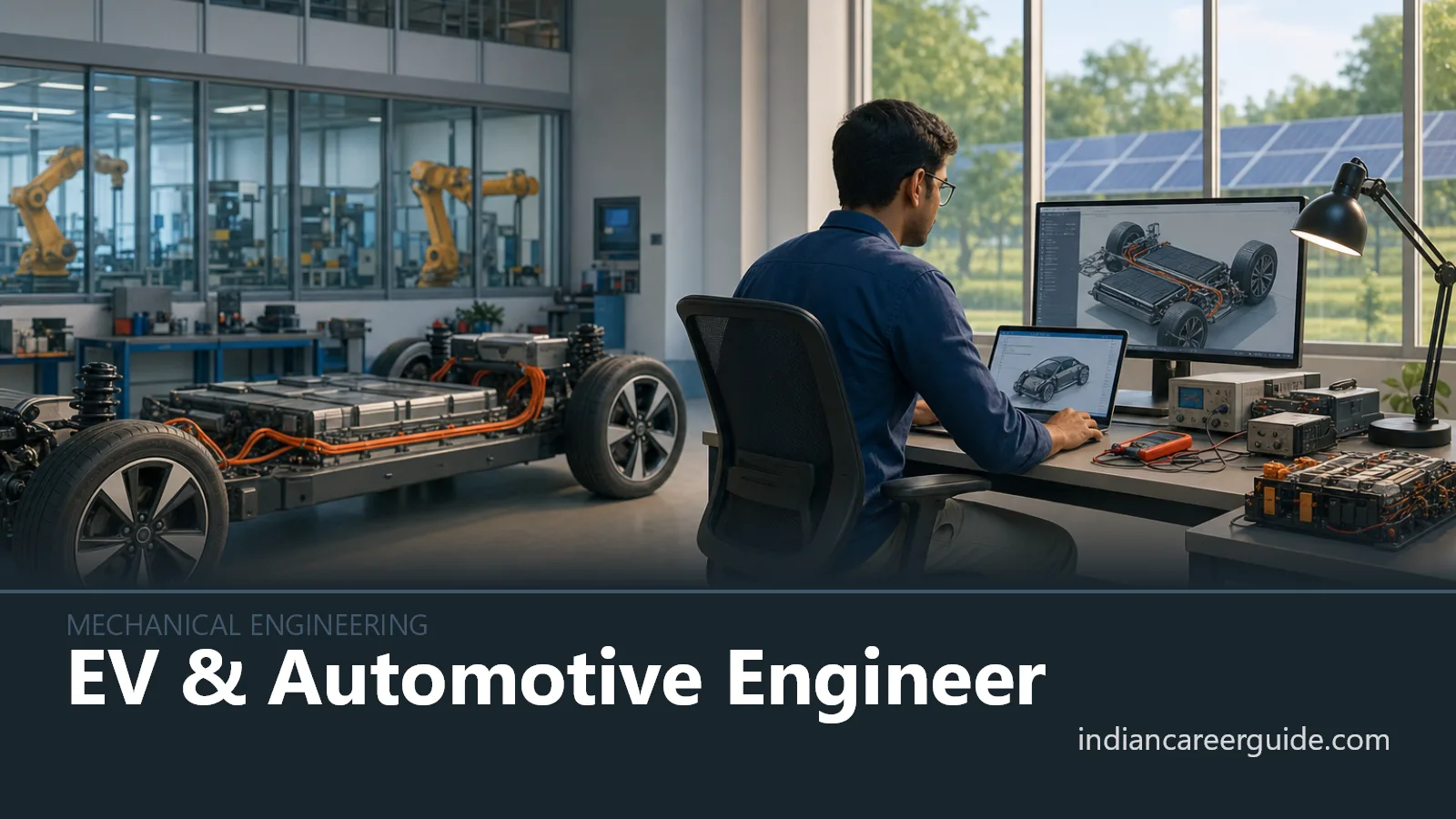 Vehicle workshop where an EV & Automotive Engineer checks high-voltage cables beside an electric car.