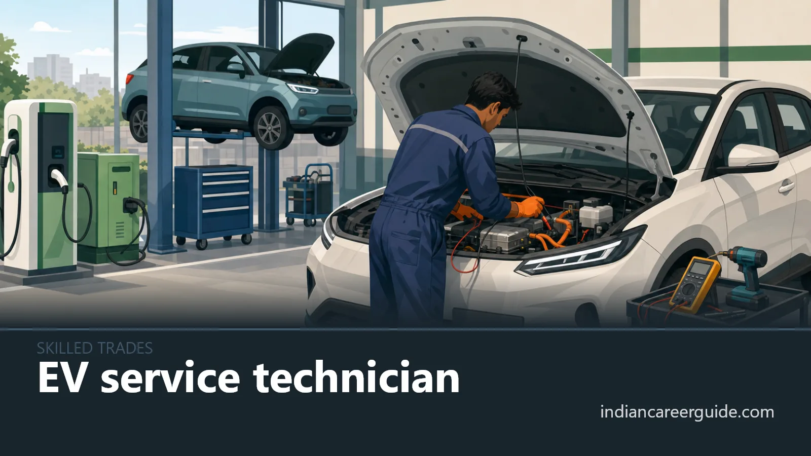 At an Indian EV workshop, an EV service technician checks wiring on an electric scooter lift, with tools and chargers nearby.