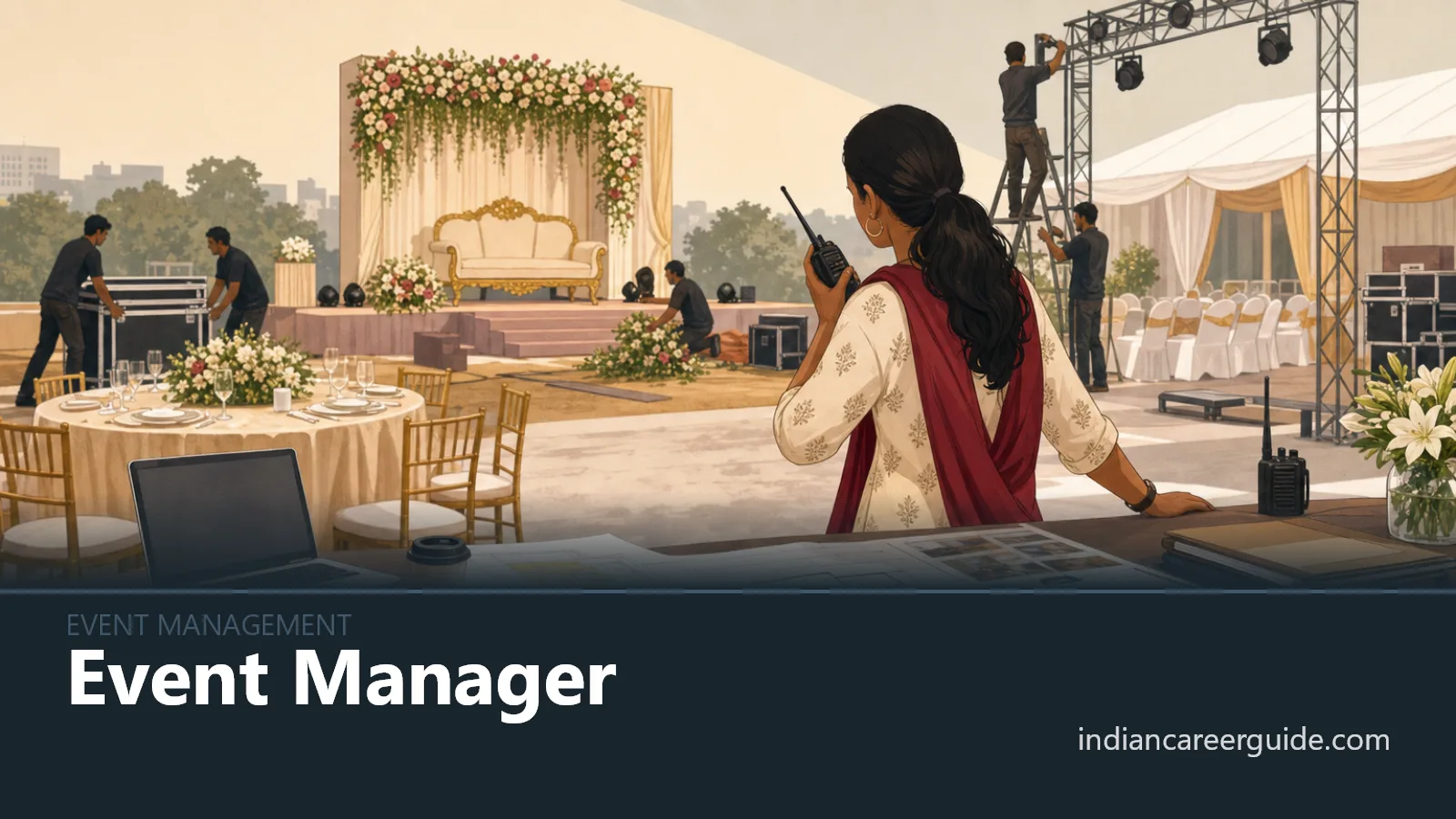At a hotel event hall, an event manager coordinates suppliers and seating before guests arrive.