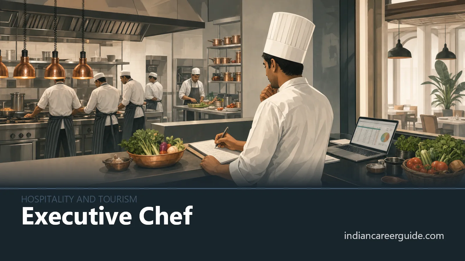 Hotel kitchen where an executive chef directs cooks at busy stainless-steel workstations.