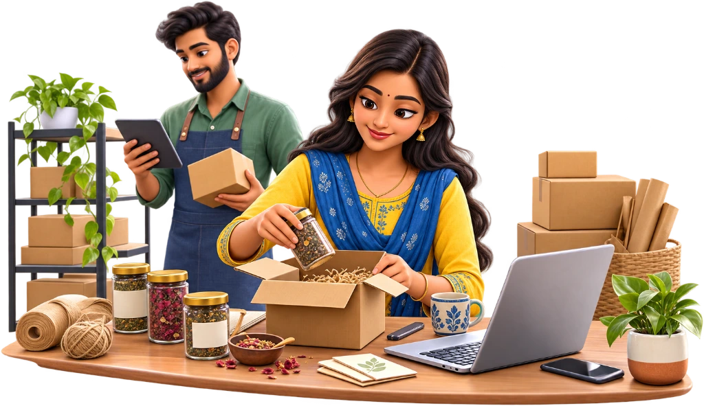 Startup founder reviewing sales figures on a laptop beside product samples and a ledger.