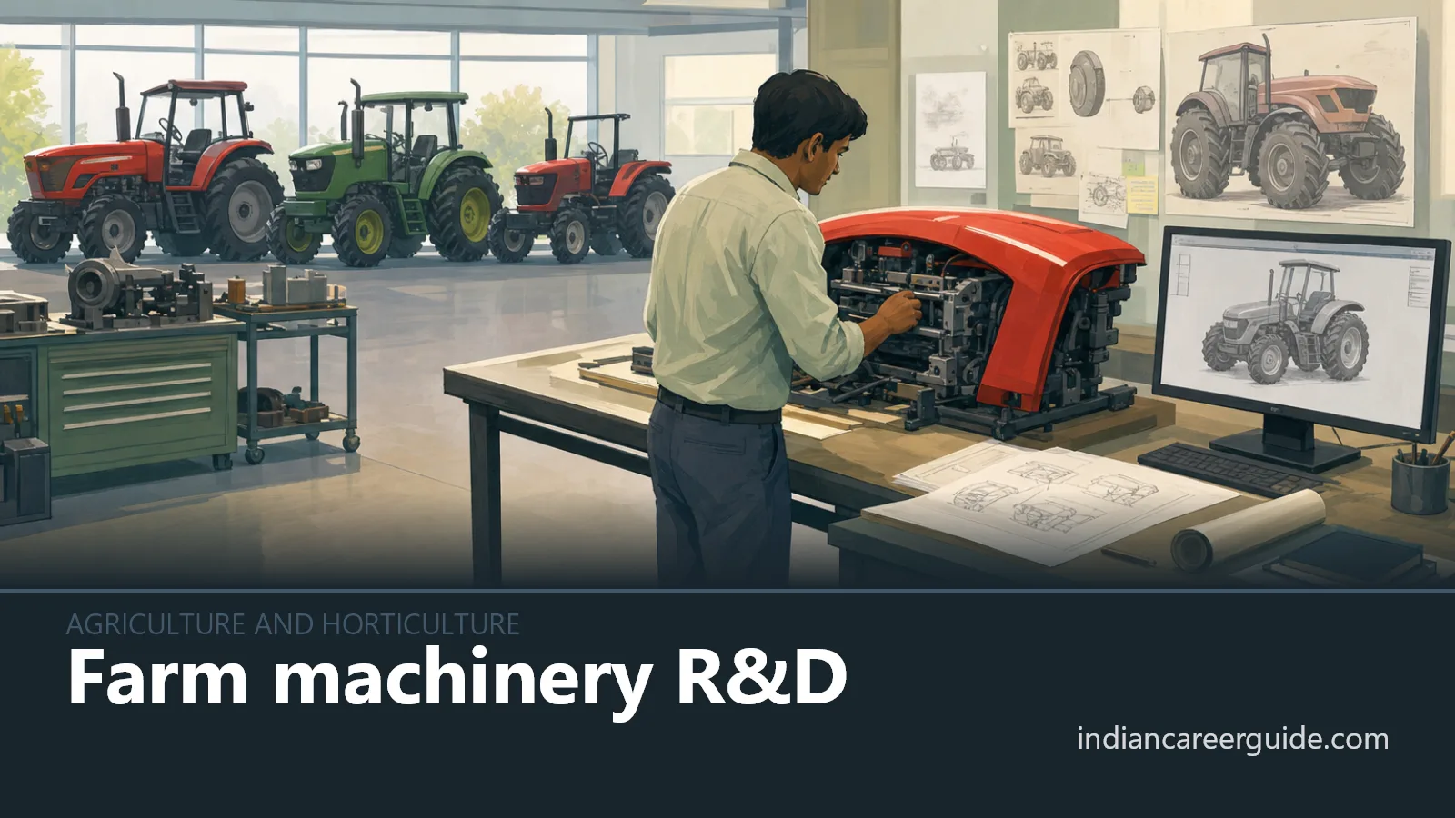 At an Indian farm test field, a farm machinery R&D engineer measures a tractor-mounted seed drill.