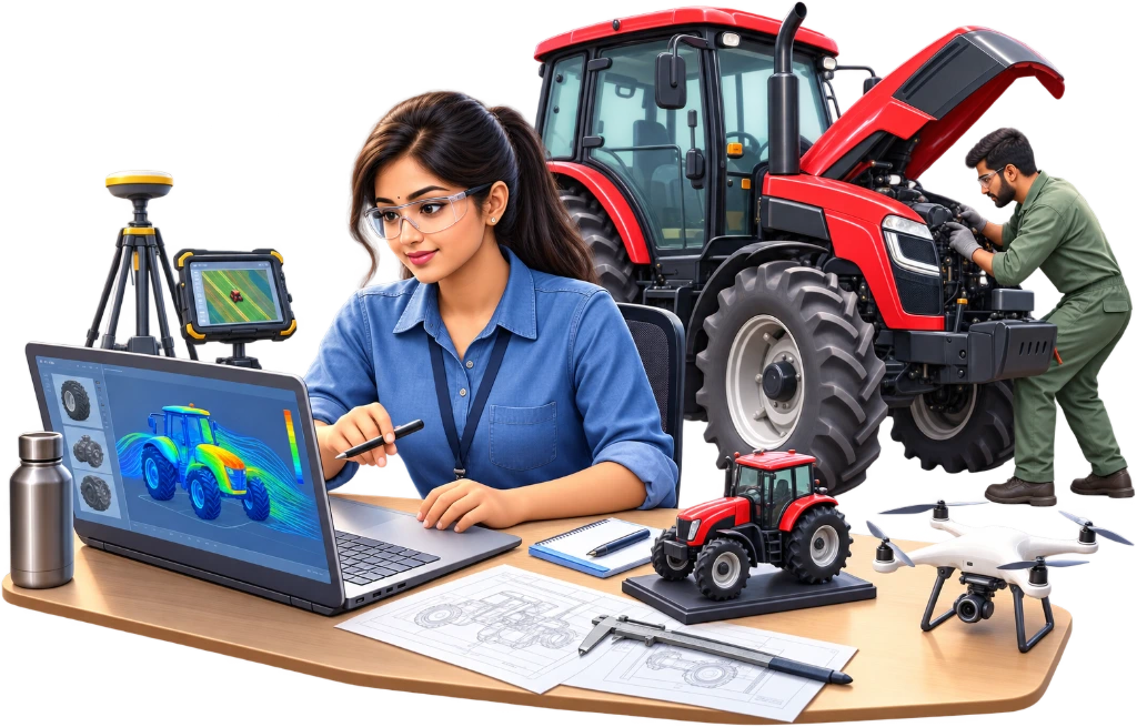Farm machinery R&D engineer using a tablet to adjust a tractor implement design model.