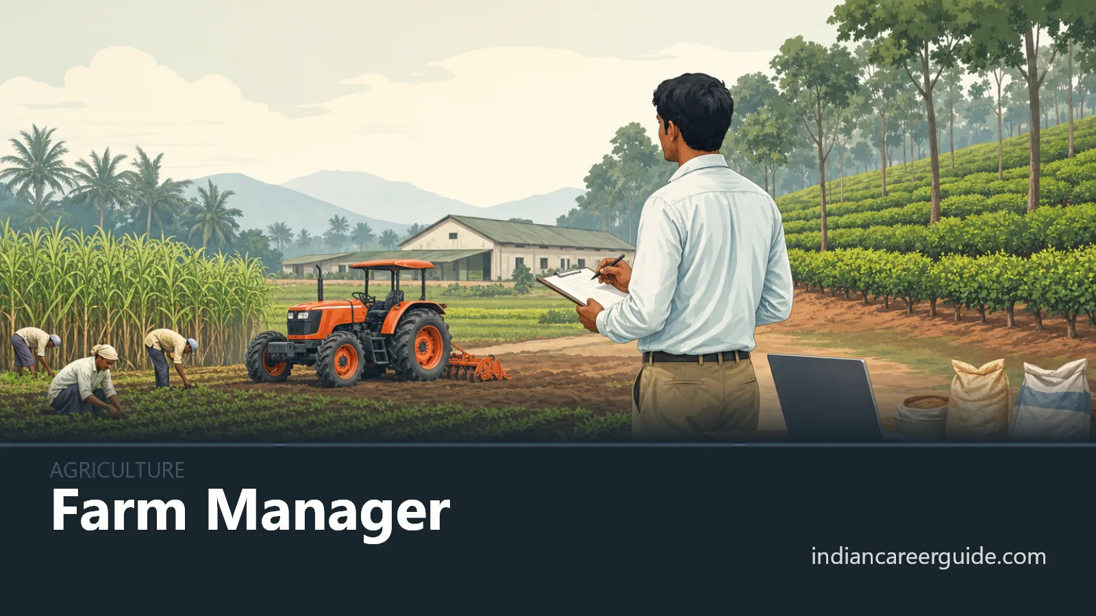 On an Indian farm, a farm manager supervises workers beside a tractor and crop rows.