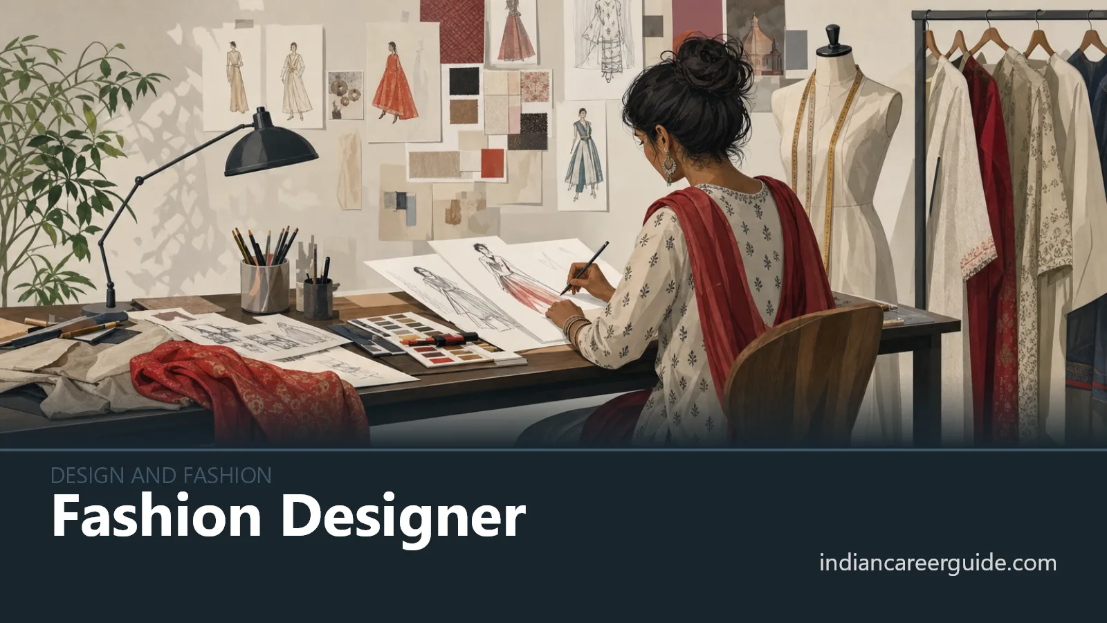 In a garment design studio, a fashion designer checks fabric samples beside pattern tables and sewing machines.