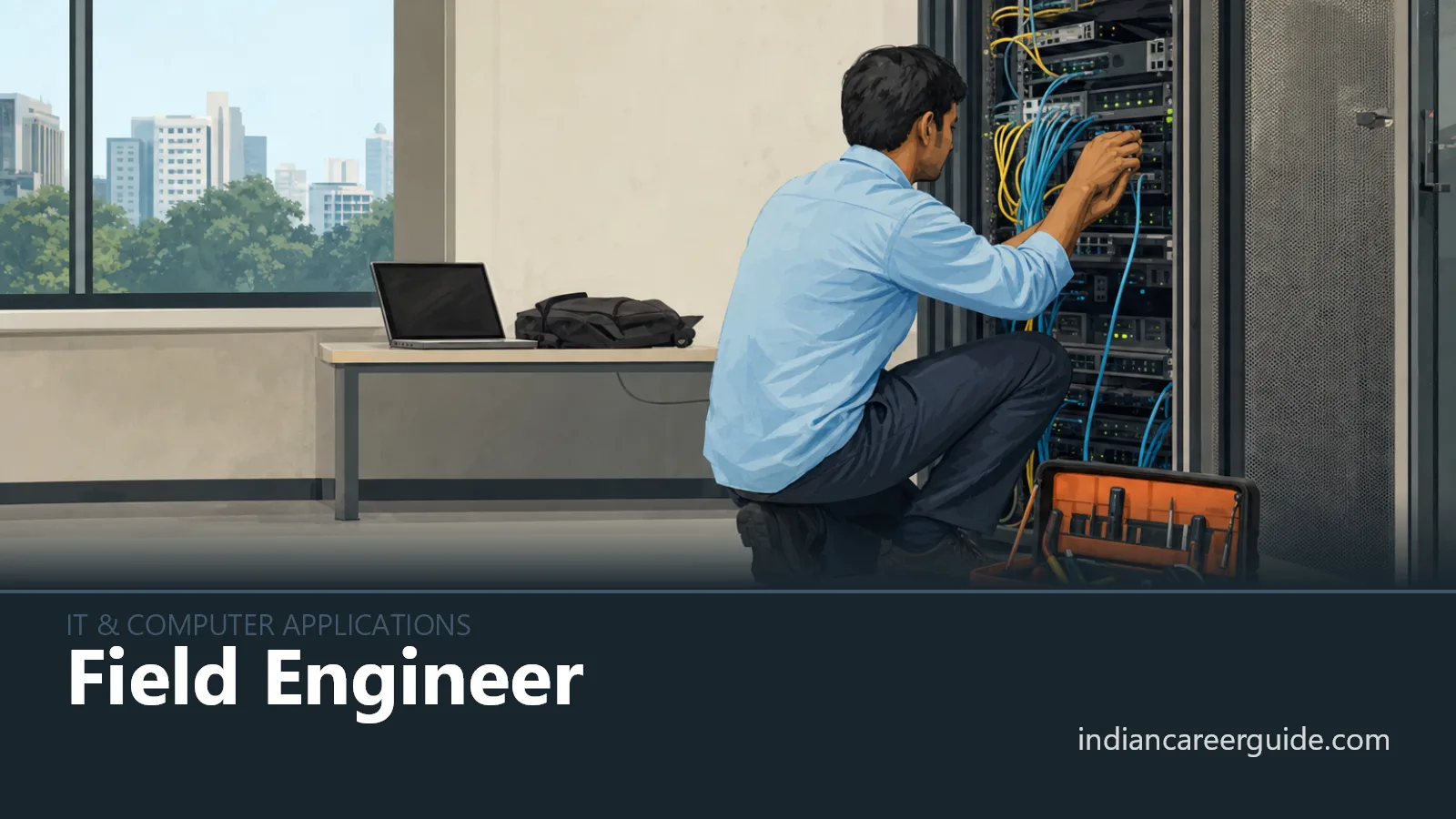 At a client data centre, a field engineer checks network status on a laptop beside server racks.