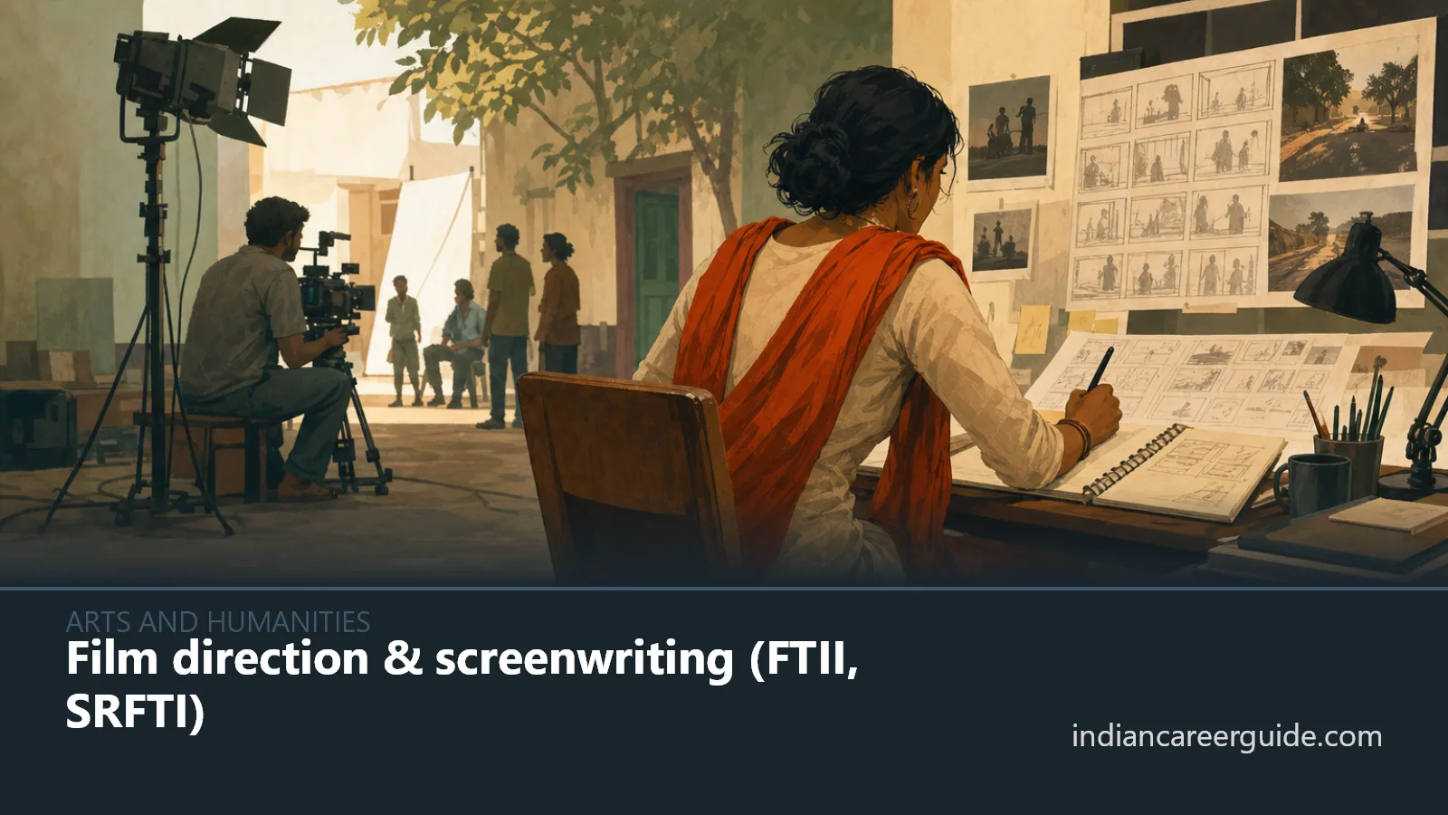 On an Indian film set, a screenwriter revises dialogue with actors beside lights and cameras.