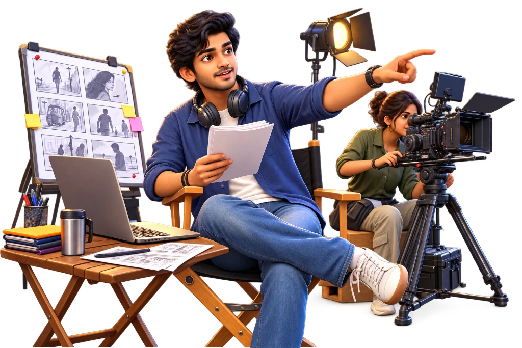 Film director holds a shot list beside a camera, directing an actor through a scene.