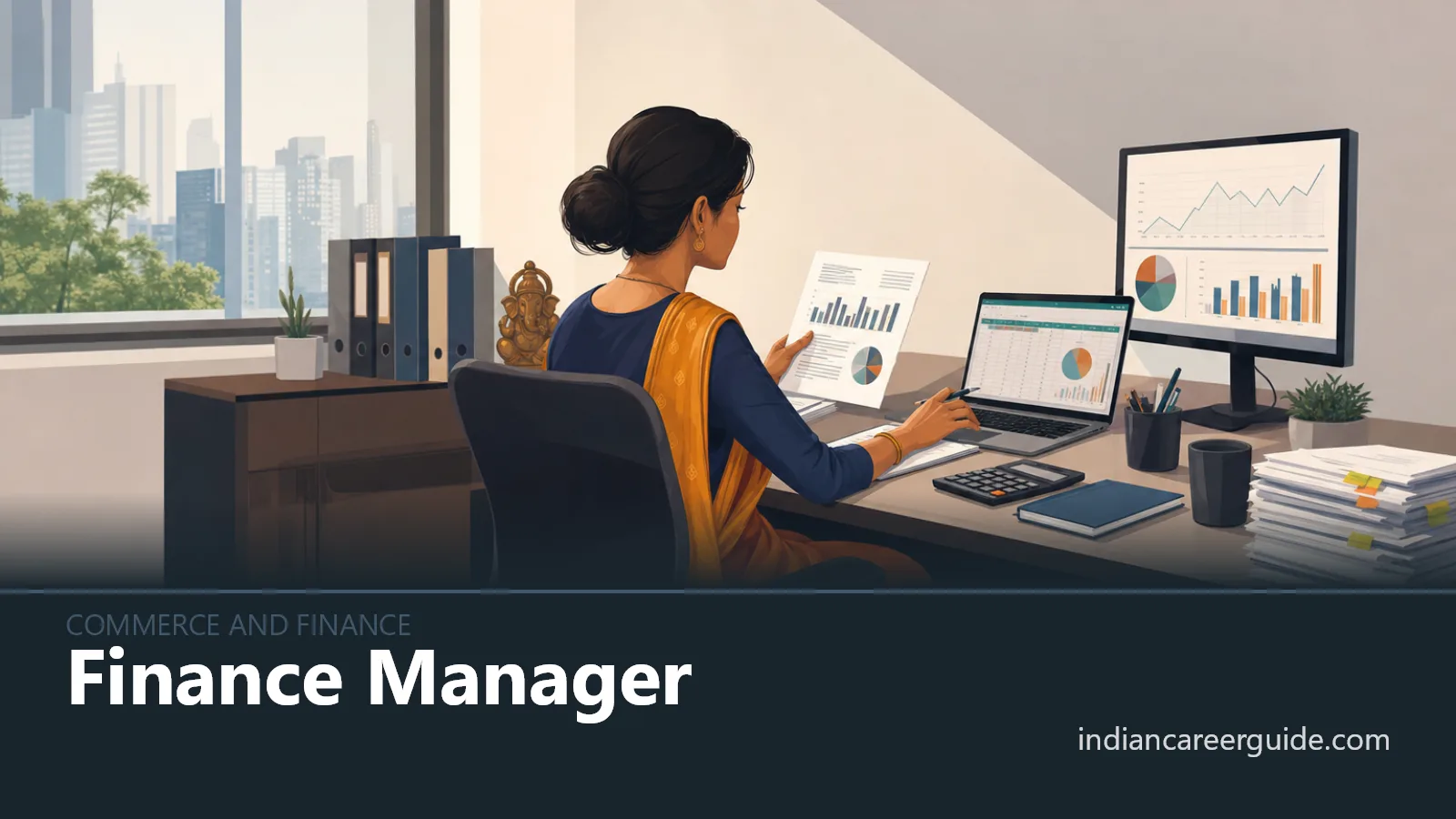 Indian corporate finance office where a finance manager reviews budget figures on two screens.