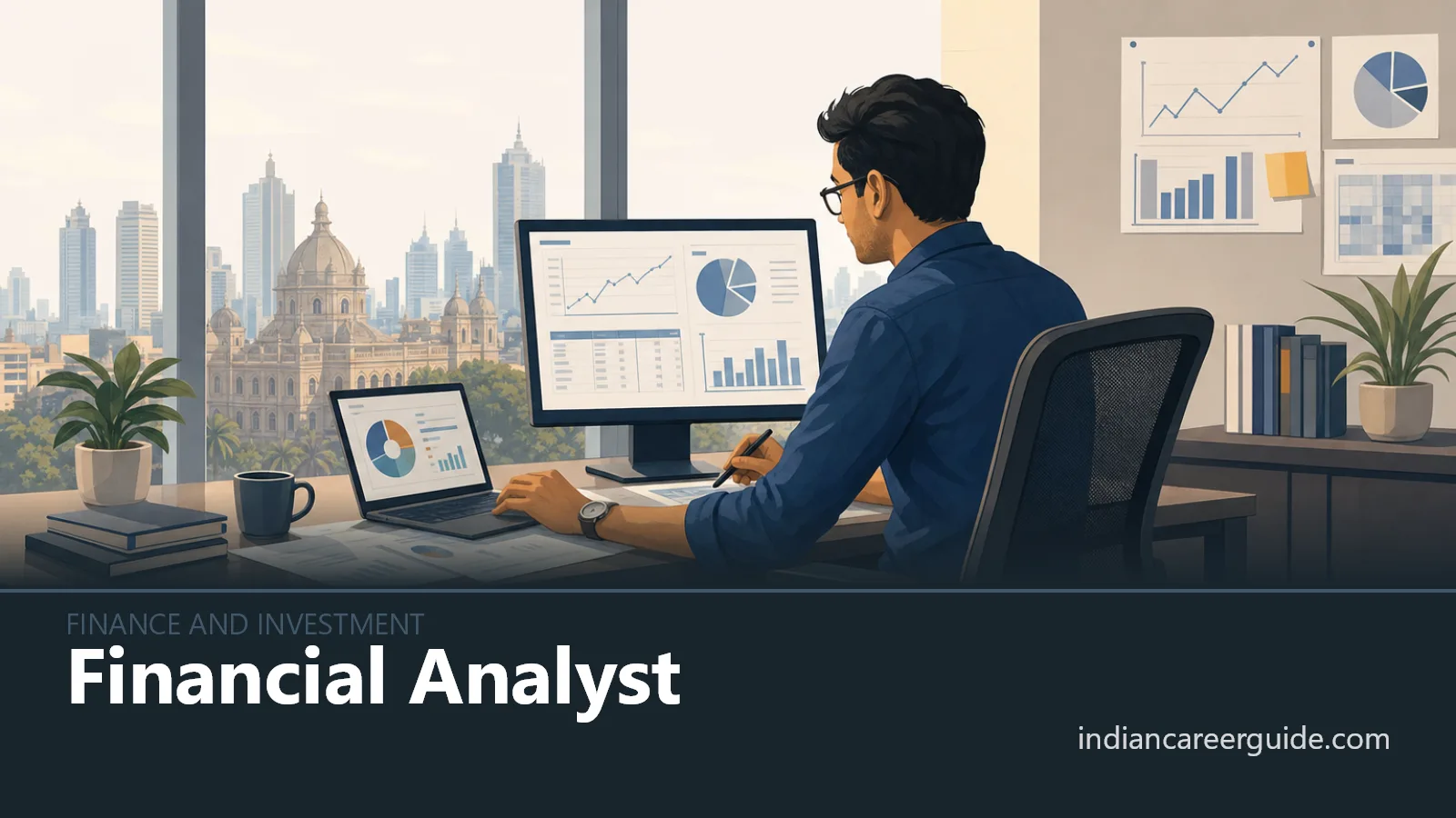 Bank office where a financial analyst compares market data and company results across two computer screens.