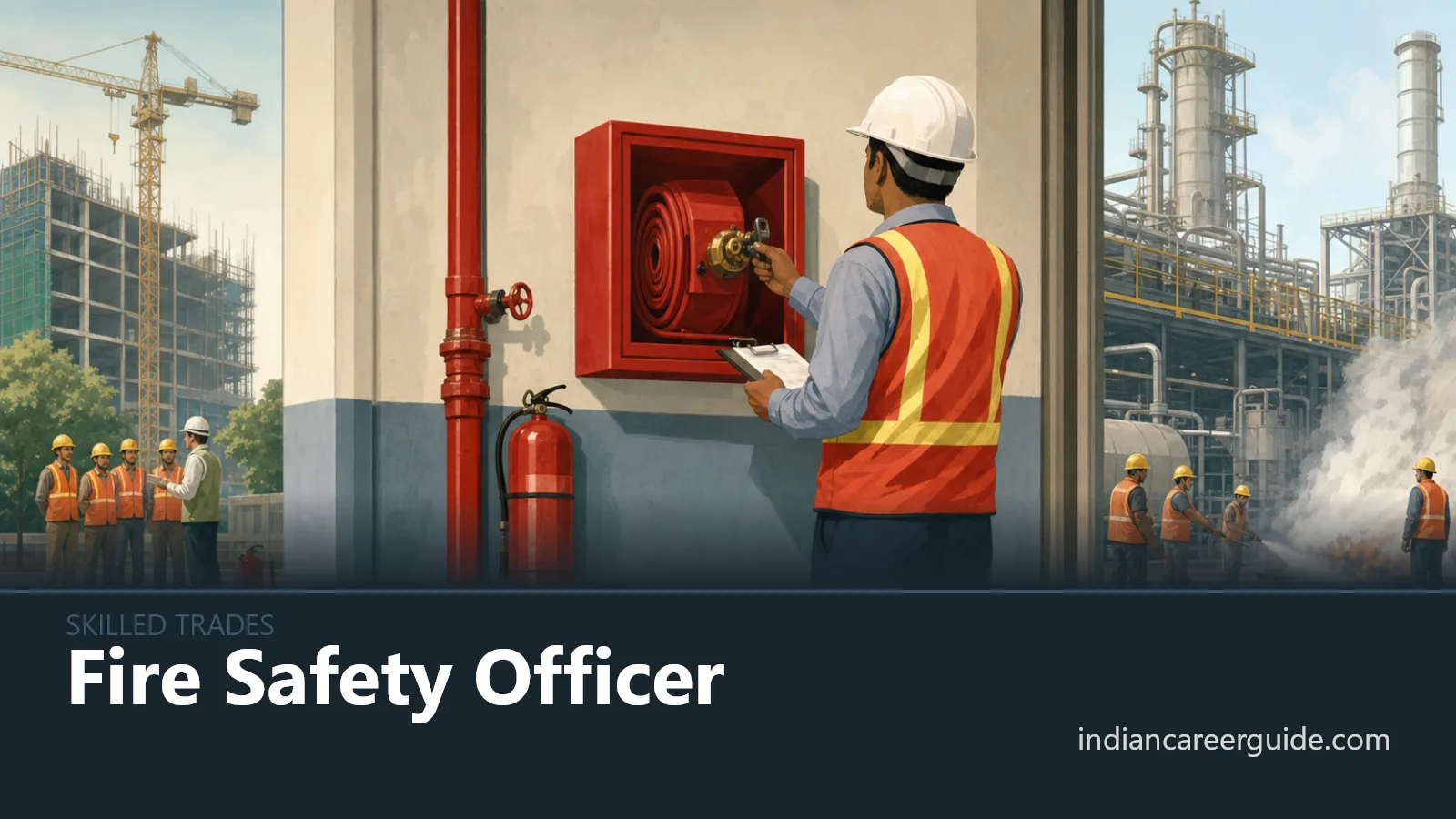 At a manufacturing plant, a fire safety officer leads workers through an emergency evacuation drill.