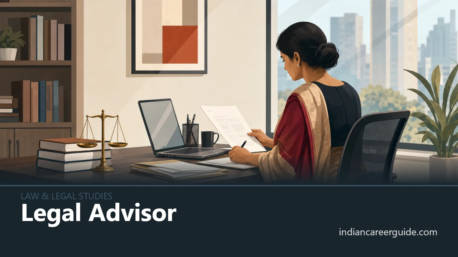 Corporate legal office in India where a legal advisor explains contract changes to a manager.