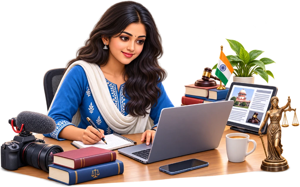 Legal journalist with a laptop marks court orders and writes notes for a case report.