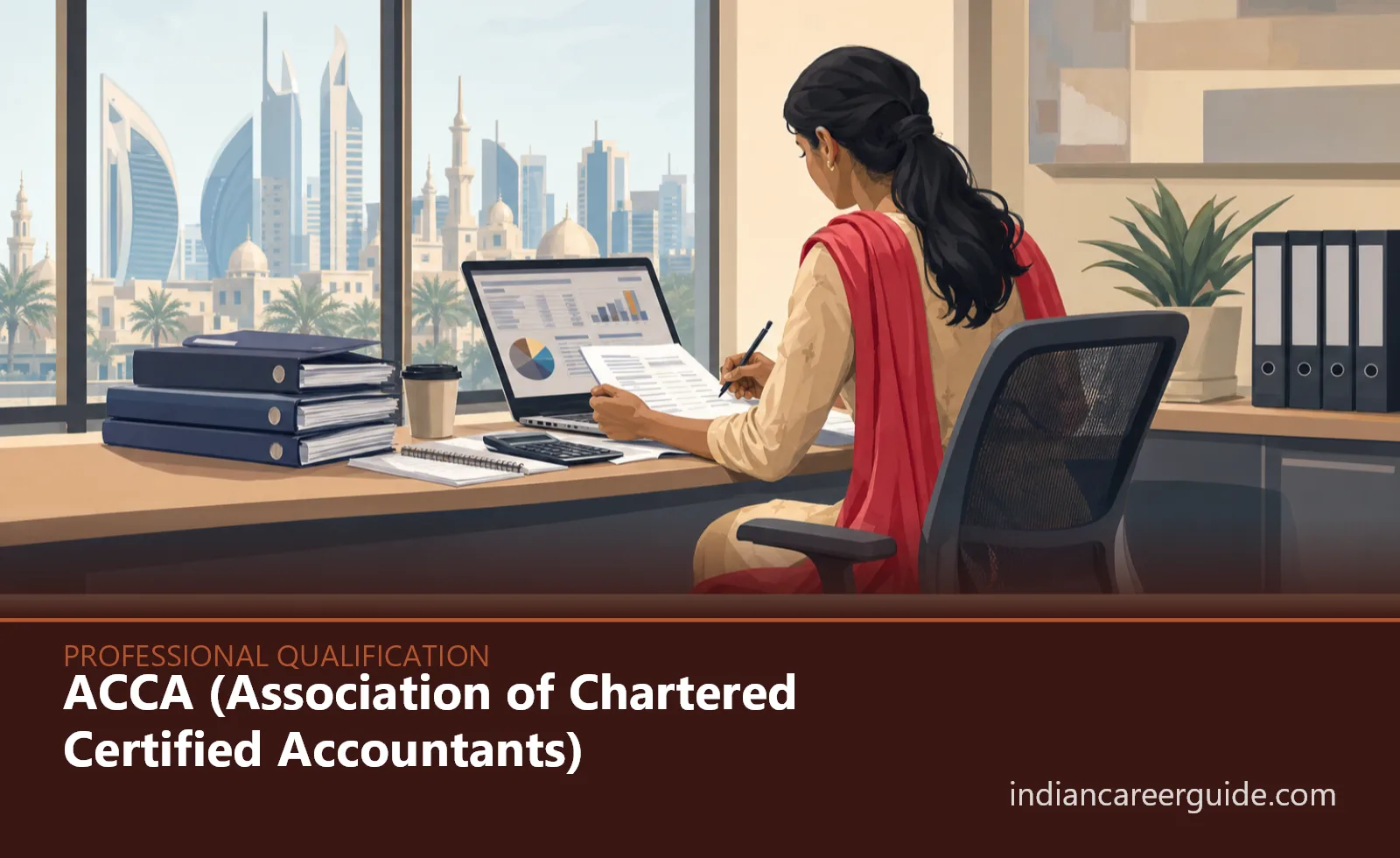 In an Indian corporate finance office, an ACCA trainee reviews monthly accounts on dual screens.