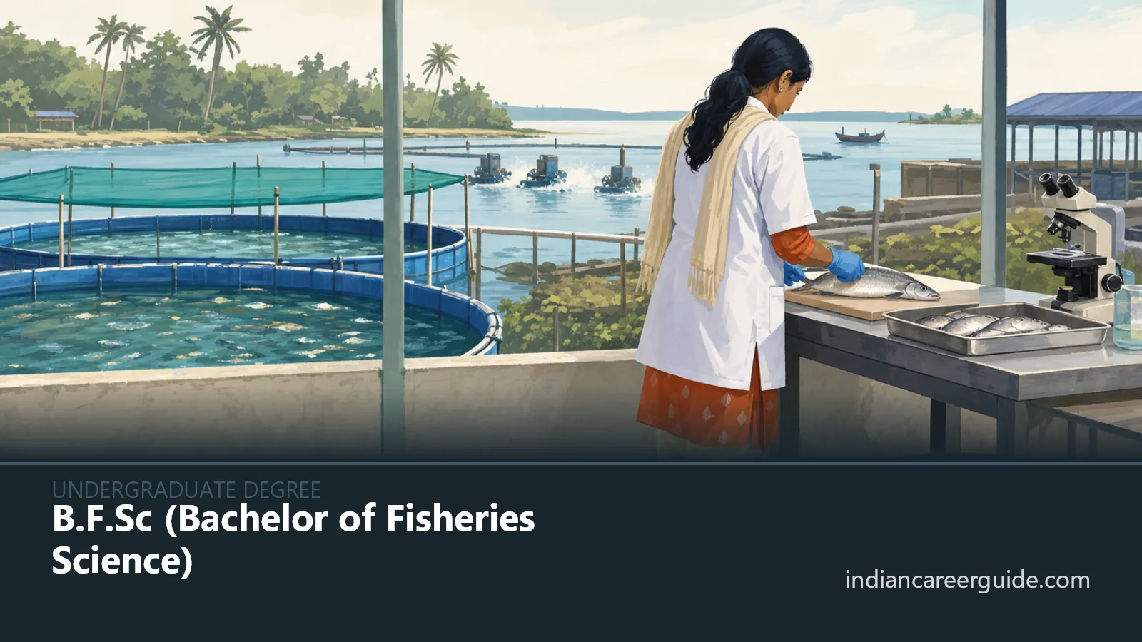 At an Indian aquaculture hatchery, a B.F.Sc trainee feeds fish in tanks beside water channels.