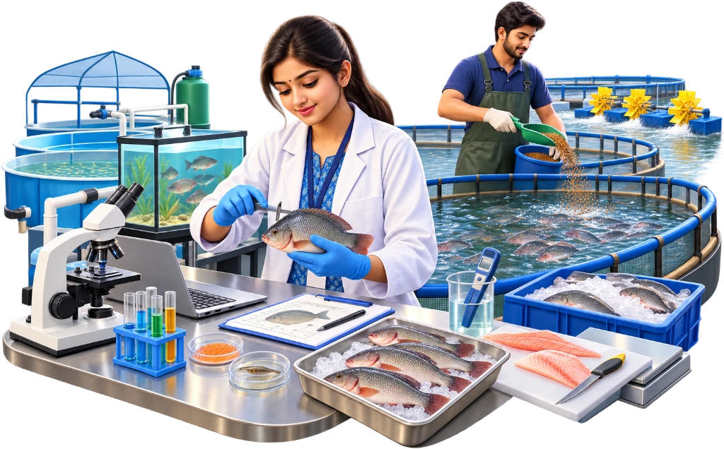 B.F.Sc student checking fish in a tank with a water testing kit during aquaculture training.
