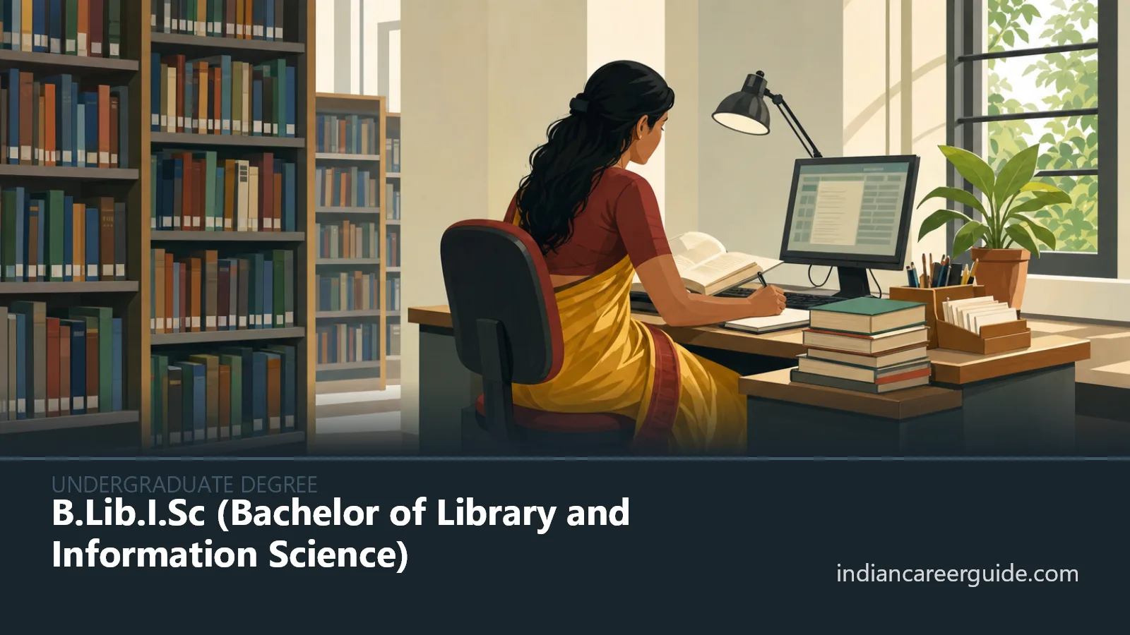 College library where a B.Lib.I.Sc student organises books and updates catalogue records at a desk.