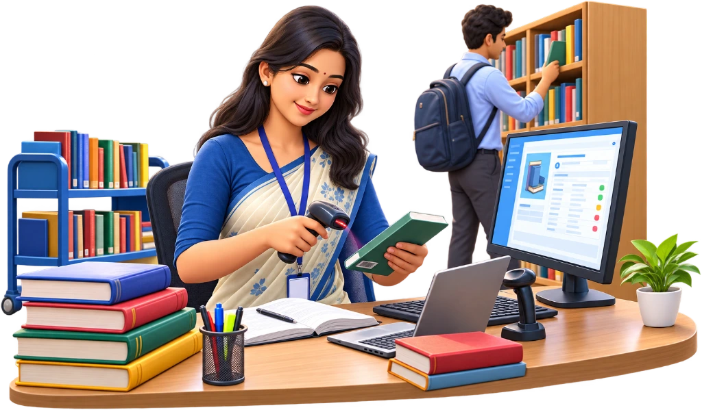 B.Lib.I.Sc student scanning book barcodes and entering catalogue records on a computer beside a book stack.