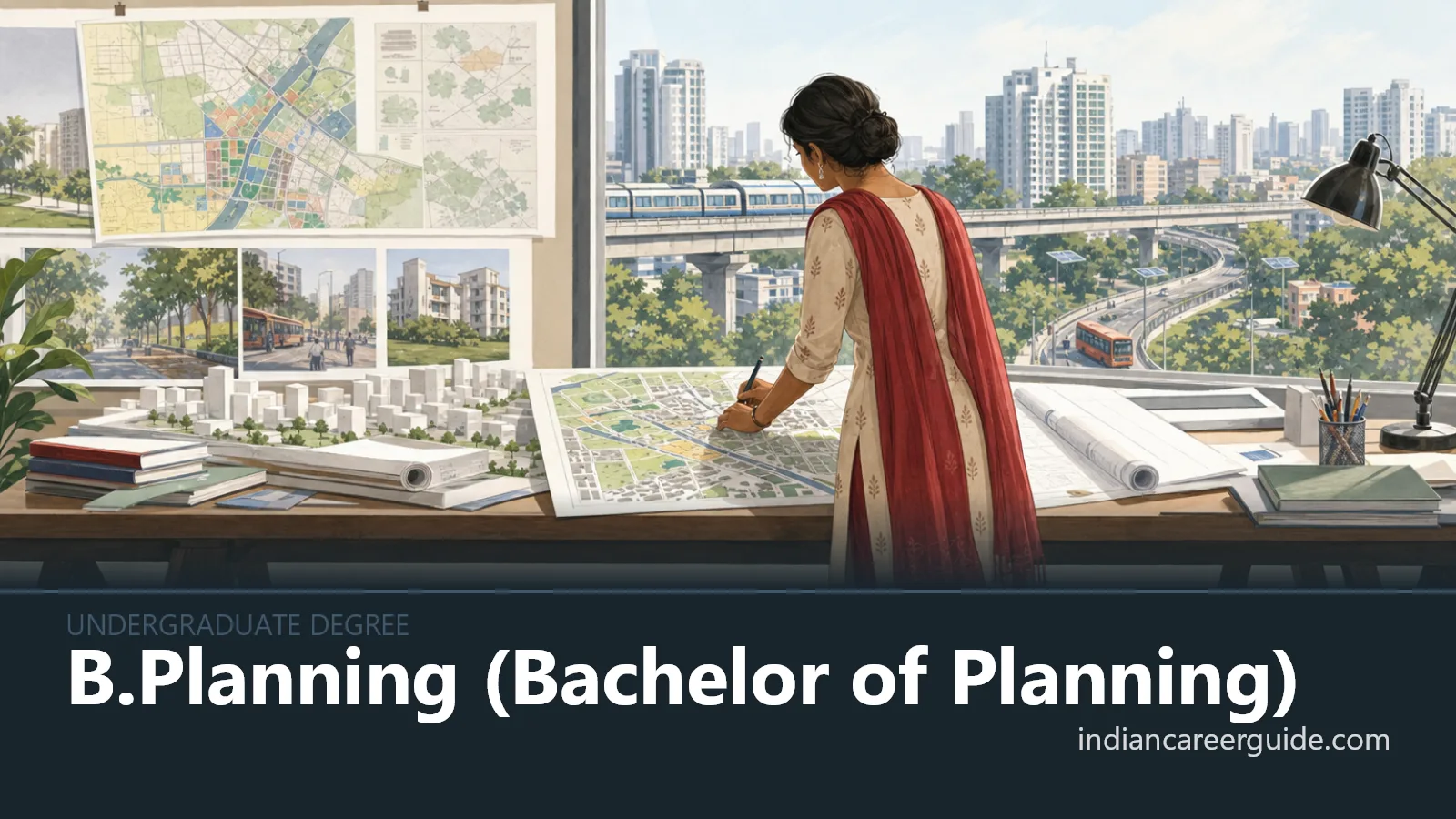 Municipal planning office where a B.Planning student reviews housing and transport maps.