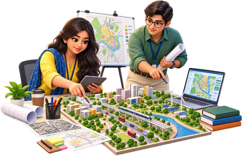 Urban planner marking land-use zones on a city map with a scale ruler, B.Planning course.