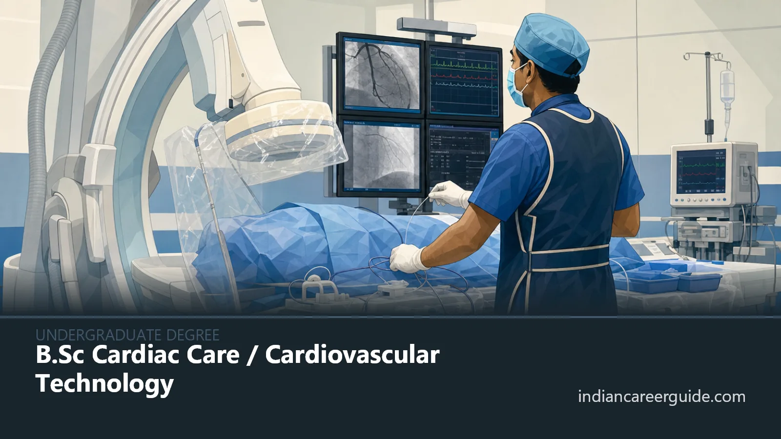 Hospital catheterisation lab where a B.Sc Cardiac Care trainee assists during a cardiac procedure.