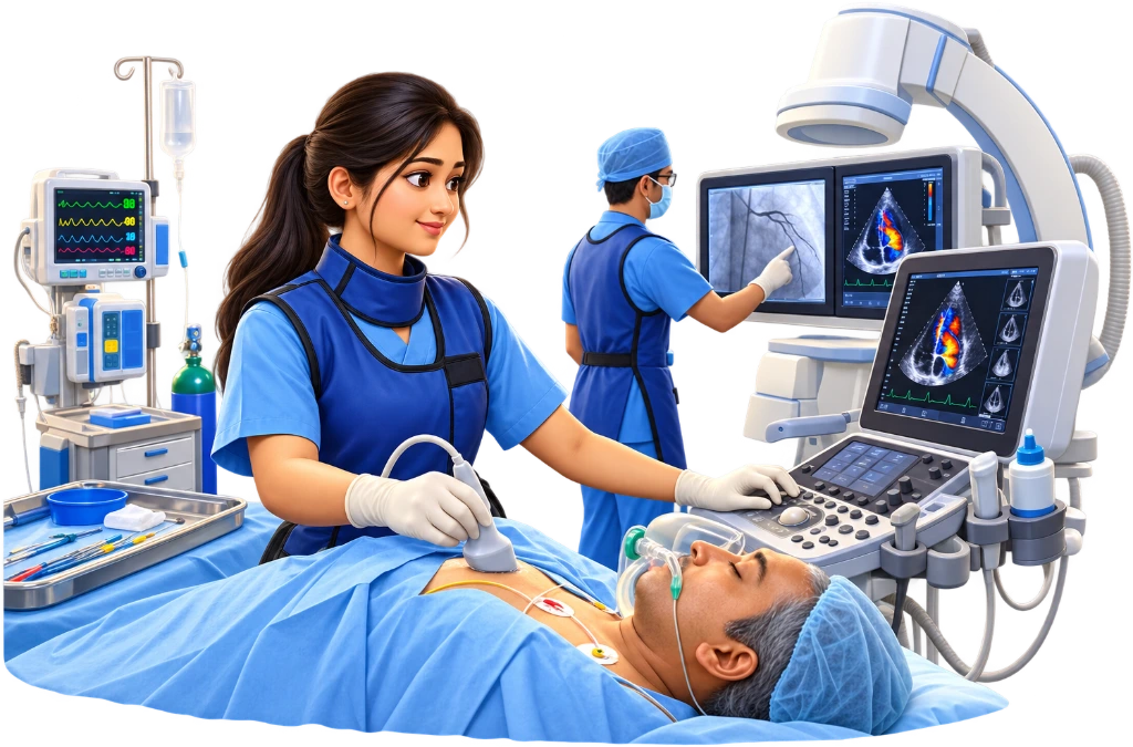 Cardiac Care Technology student monitoring an ECG beside a patient on a hospital bed.