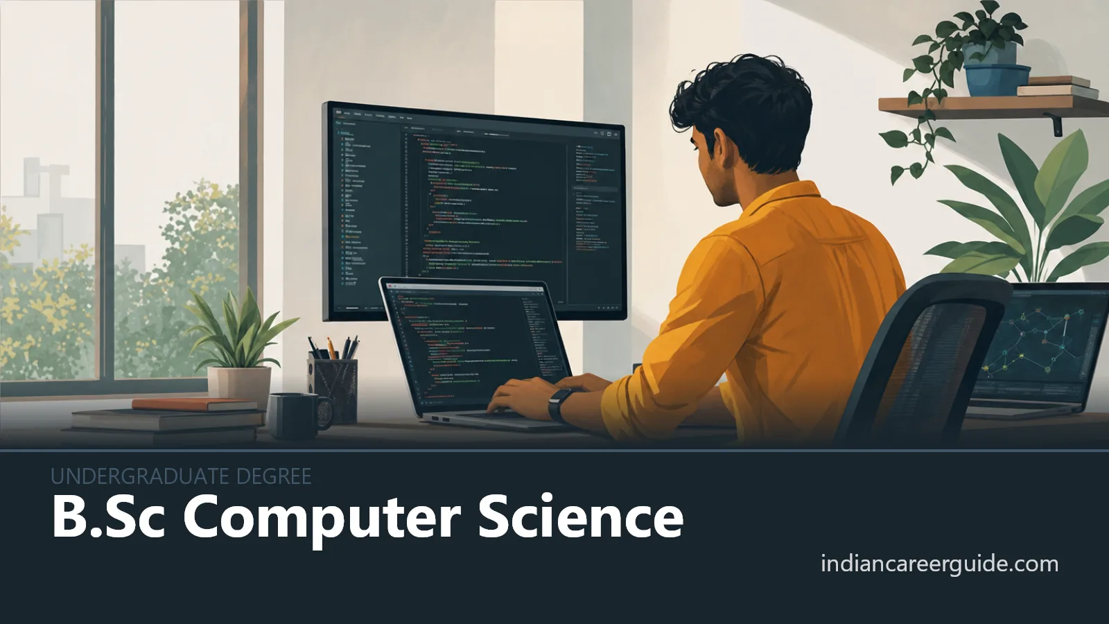 College computer lab where a B.Sc Computer Science student tests a programming project on a desktop.