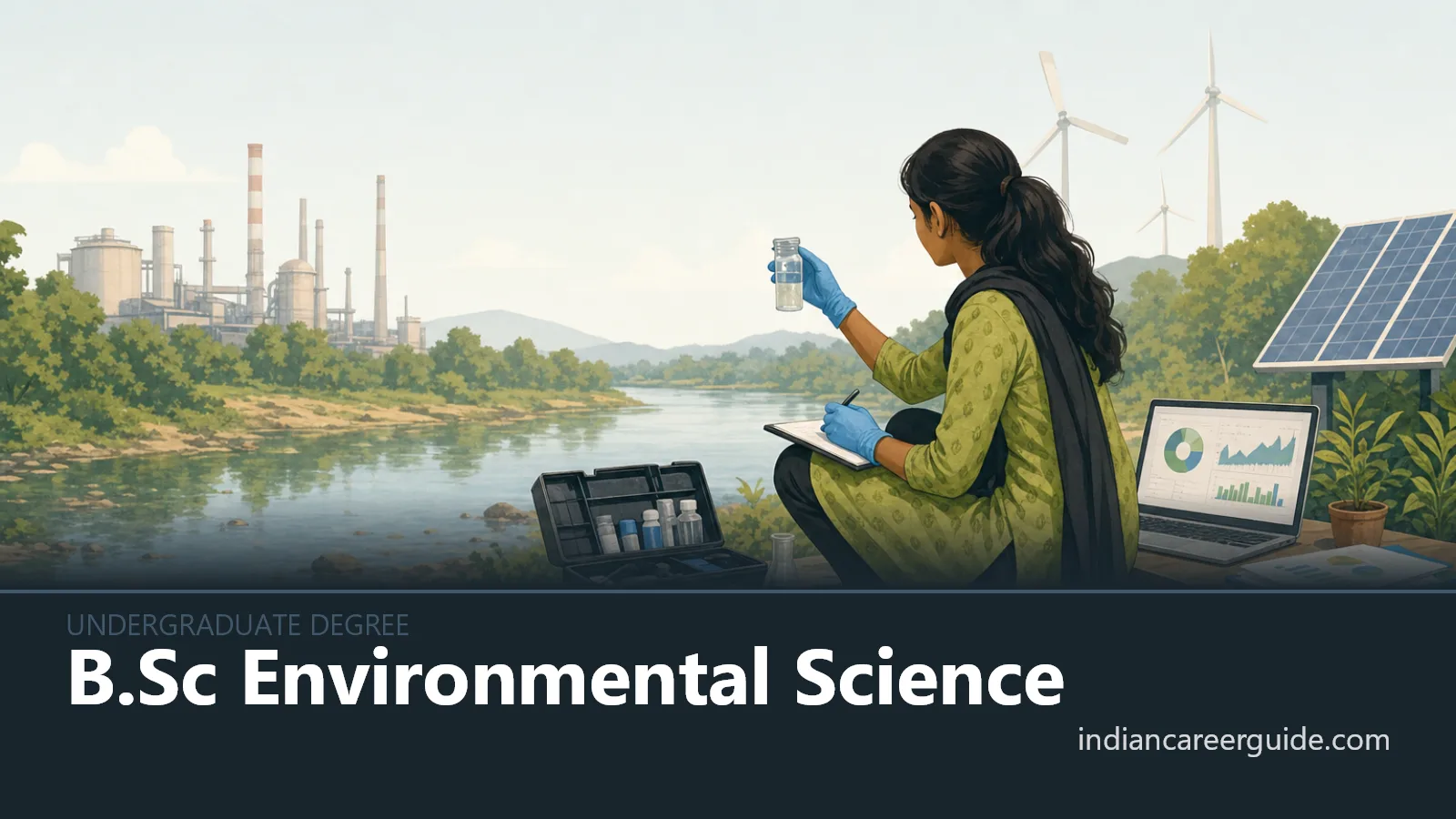 At a river monitoring site in India, a student collects water samples, with B.Sc Environmental Science across the bottom.