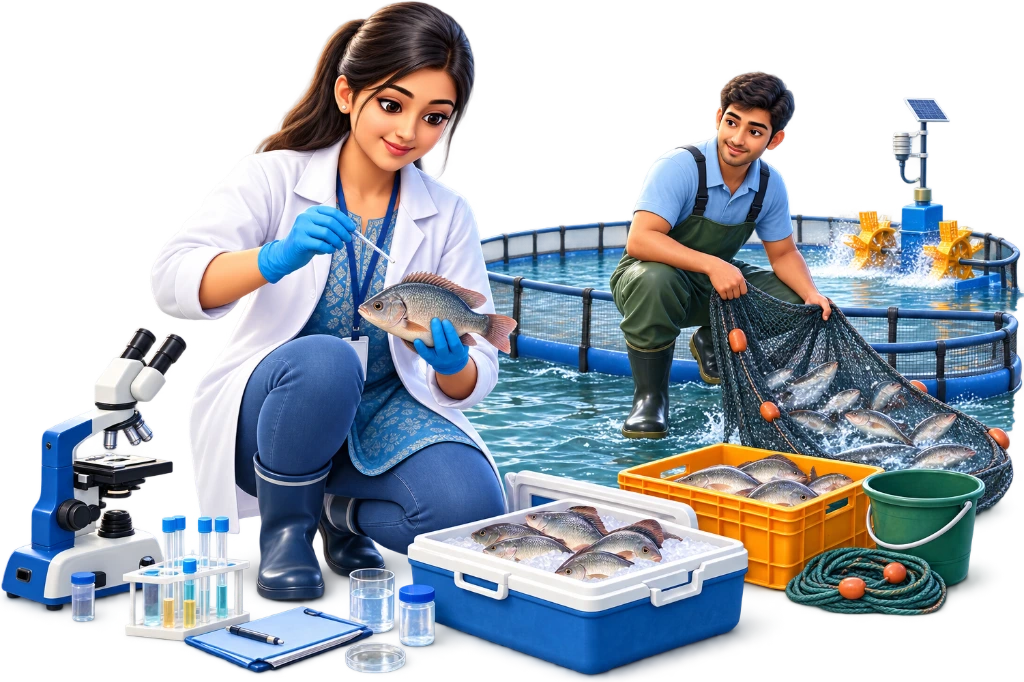 B.Sc Fisheries student checking fish in an aquaculture tank with a hand net and water test kit.