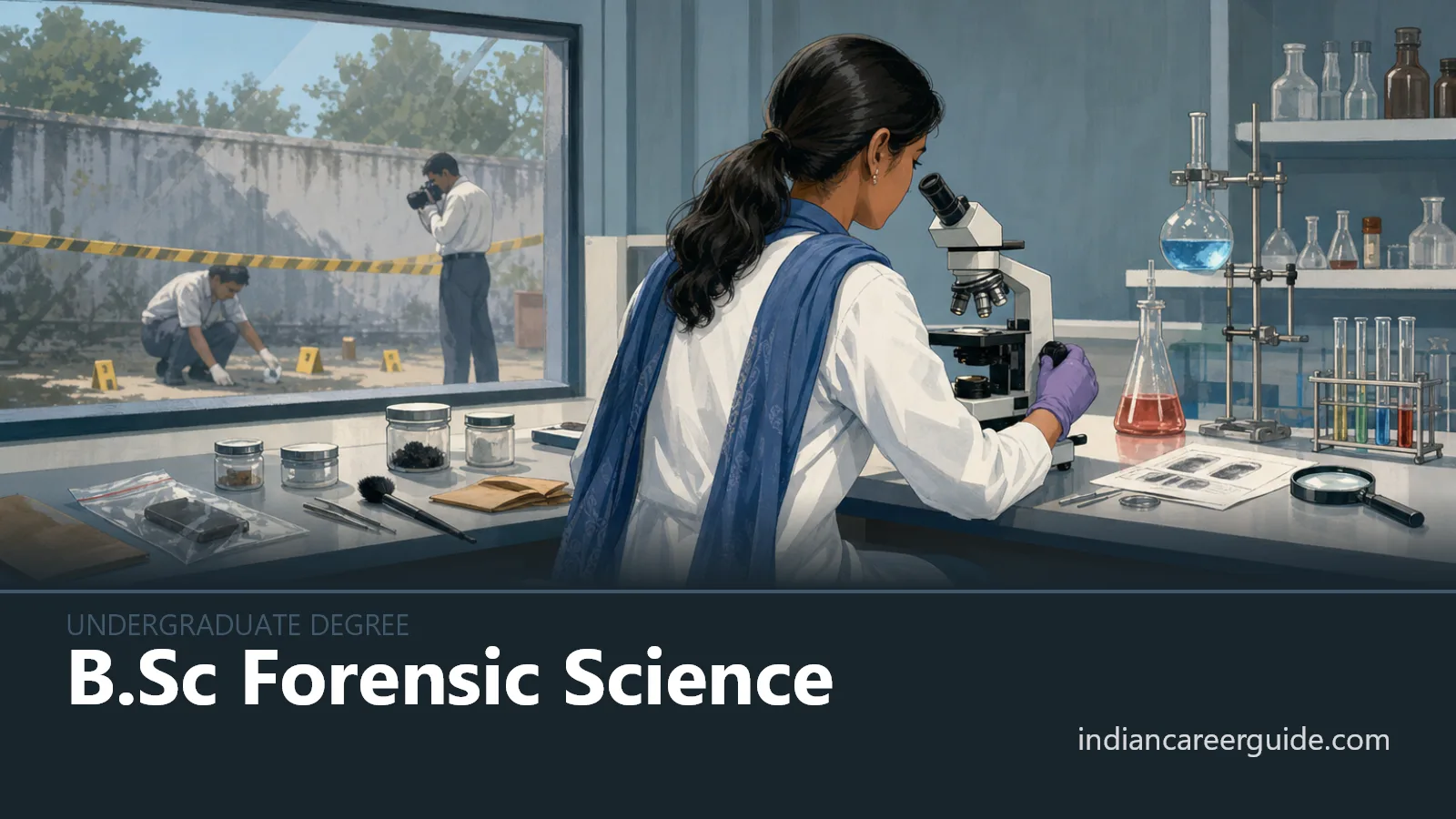 Crime scene processing lab where a B.Sc Forensic Science student labels and bags evidence.
