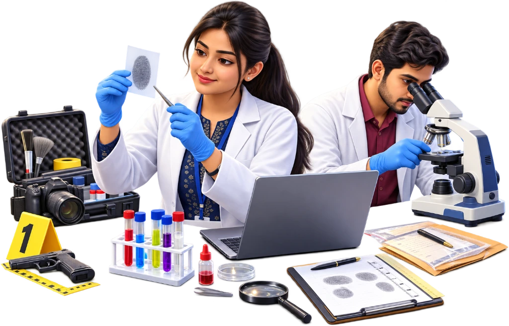 Forensic science student in gloves examining a questioned document with a magnifier.