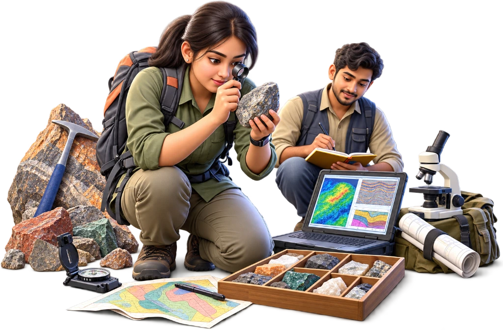 B.Sc Geology student examining rock samples with a hand lens and field notebook.