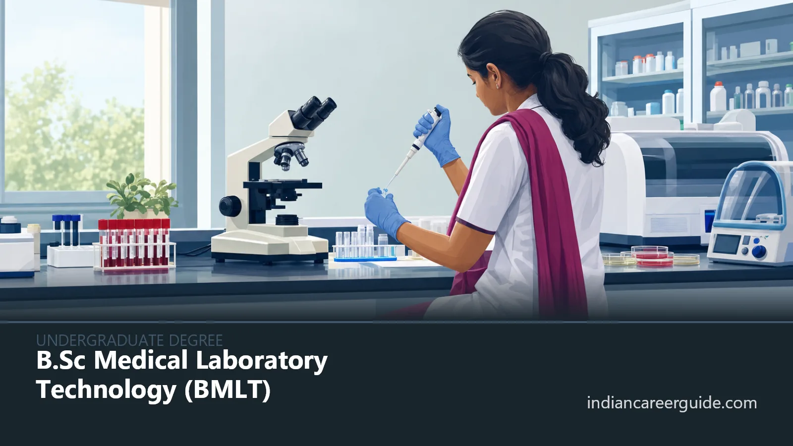 Hospital laboratory where a B.Sc Medical Laboratory Technology student examines samples under a microscope.