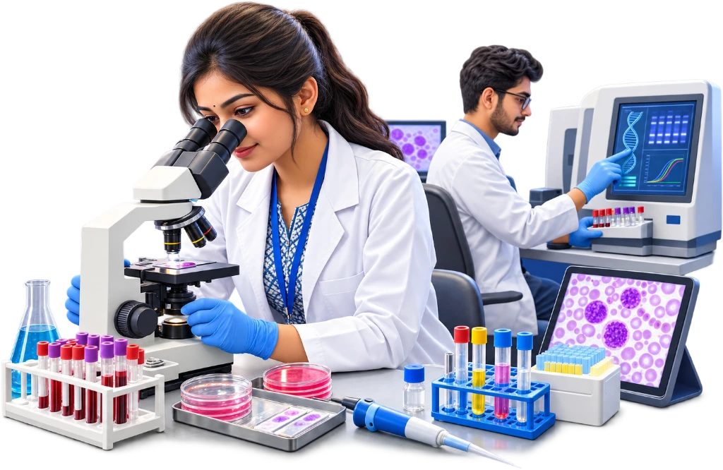 B.Sc Medical Laboratory Technology student pipetting a blood sample into test tubes at a bench.