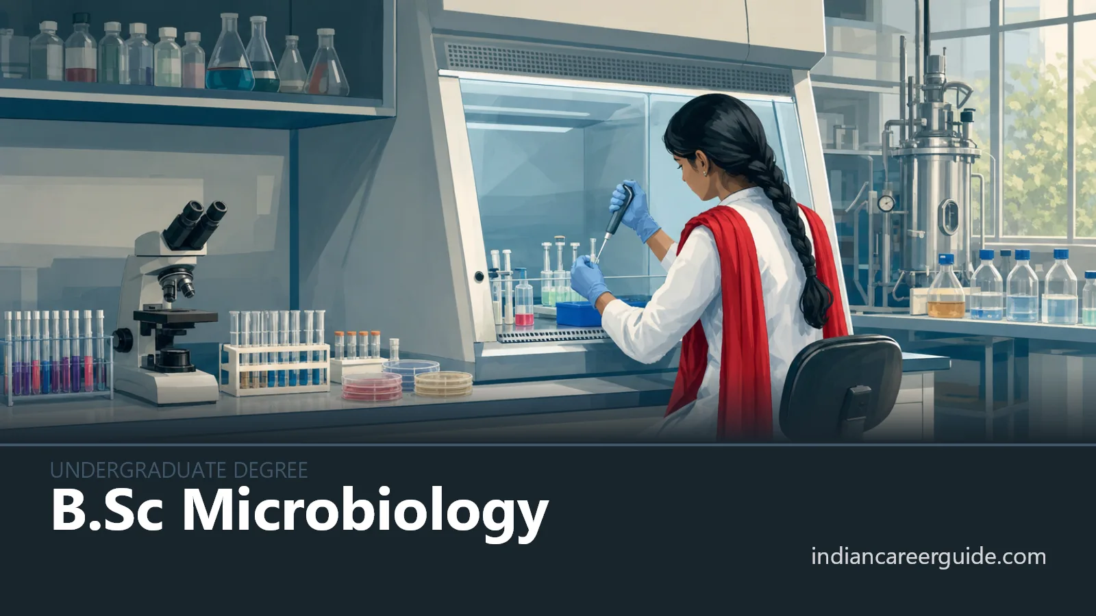 College laboratory where a B.Sc Microbiology student examines culture samples at a testing bench.