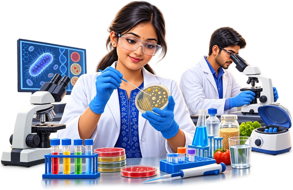 Microbiology student in a lab coat examining a culture sample through a microscope for B.Sc Microbiology.