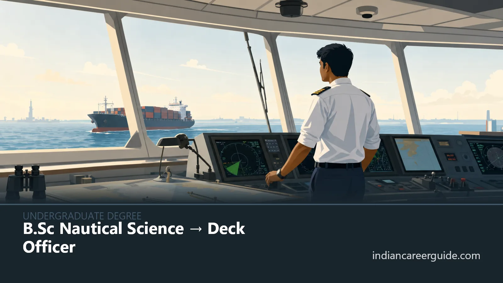 Merchant ship bridge where a B.Sc Nautical Science trainee monitors navigation equipment at sea.