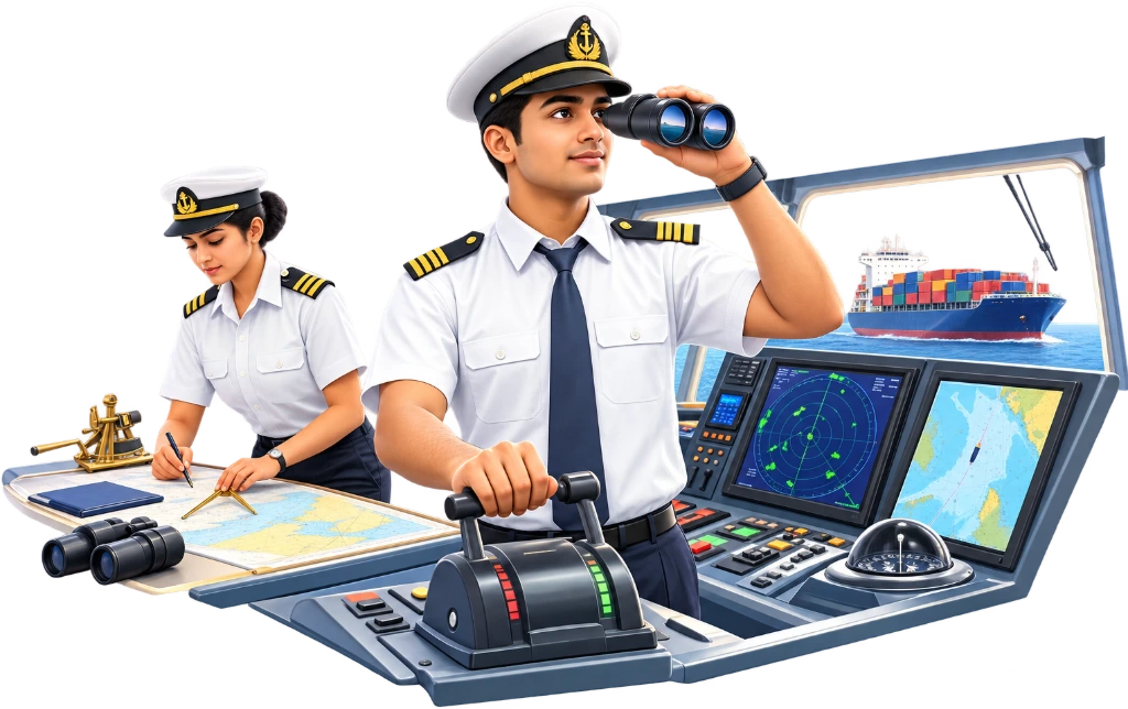 Deck officer trainee using bridge navigation equipment aboard a merchant ship, B.Sc Nautical Science course.