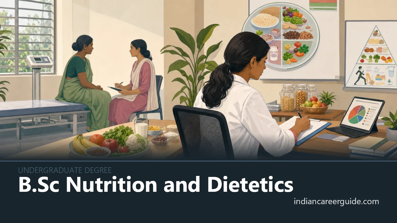 Hospital dietetics room where a B.Sc Nutrition and Dietetics trainee plans a therapeutic meal tray.