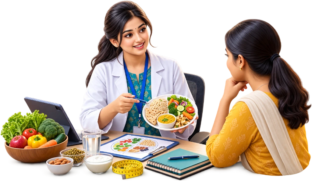 Nutrition and Dietetics student assessing a meal tray with a food chart and measuring cups.