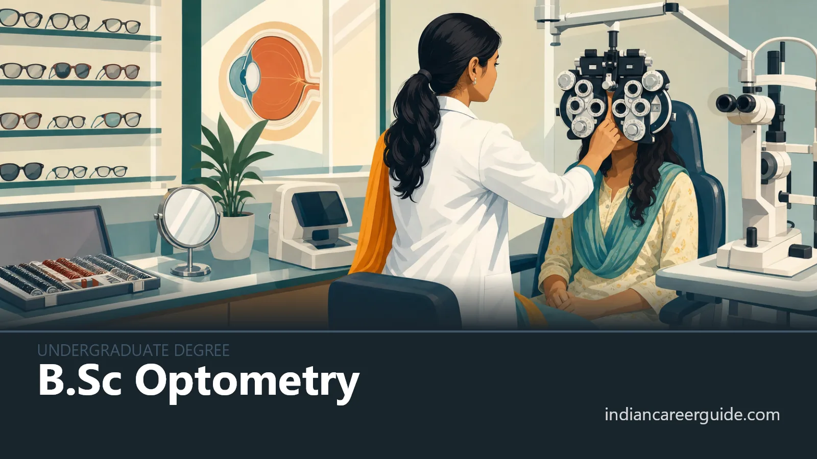 Eye clinic examination room where a B.Sc Optometry student checks a patient's refraction.