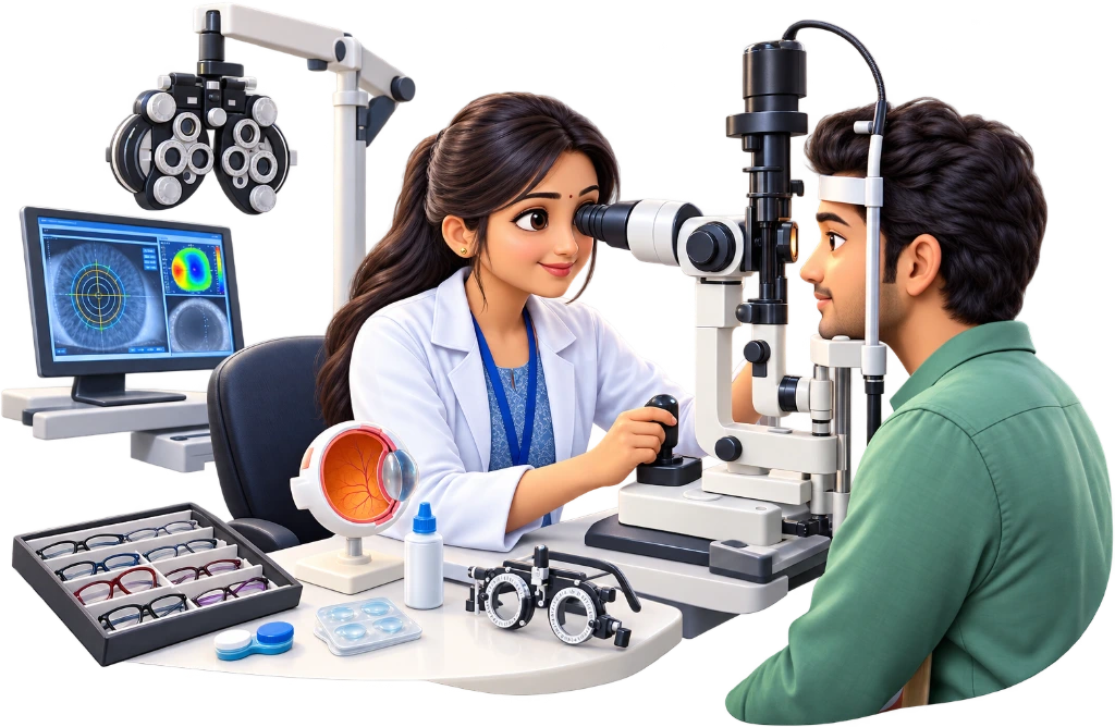B.Sc Optometry student assessing a patient's vision with an eye chart during a clinical examination.