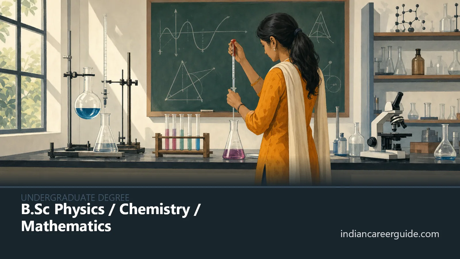 University science laboratory where a B.Sc Physics / Chemistry / Mathematics student tests samples at a bench.
