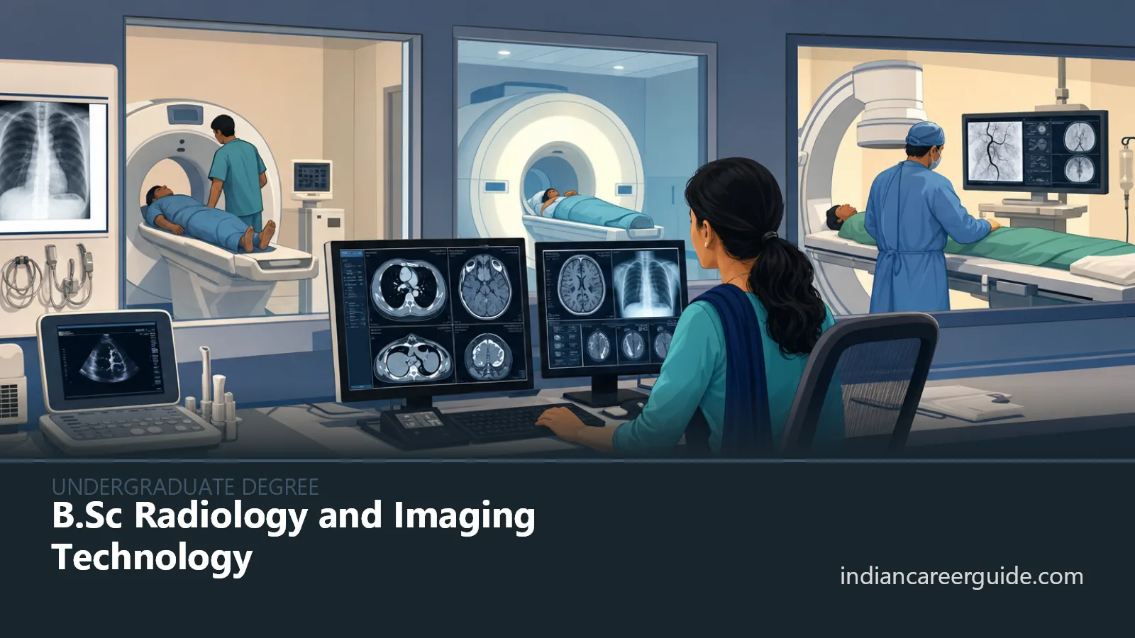 Hospital imaging room where a B.Sc Radiology and Imaging Technology trainee prepares a patient for an X-ray scan.