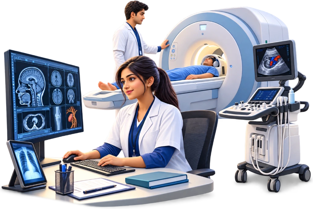 B.Sc Radiology and Imaging Technology trainee operating a CT scanner beside a patient table.