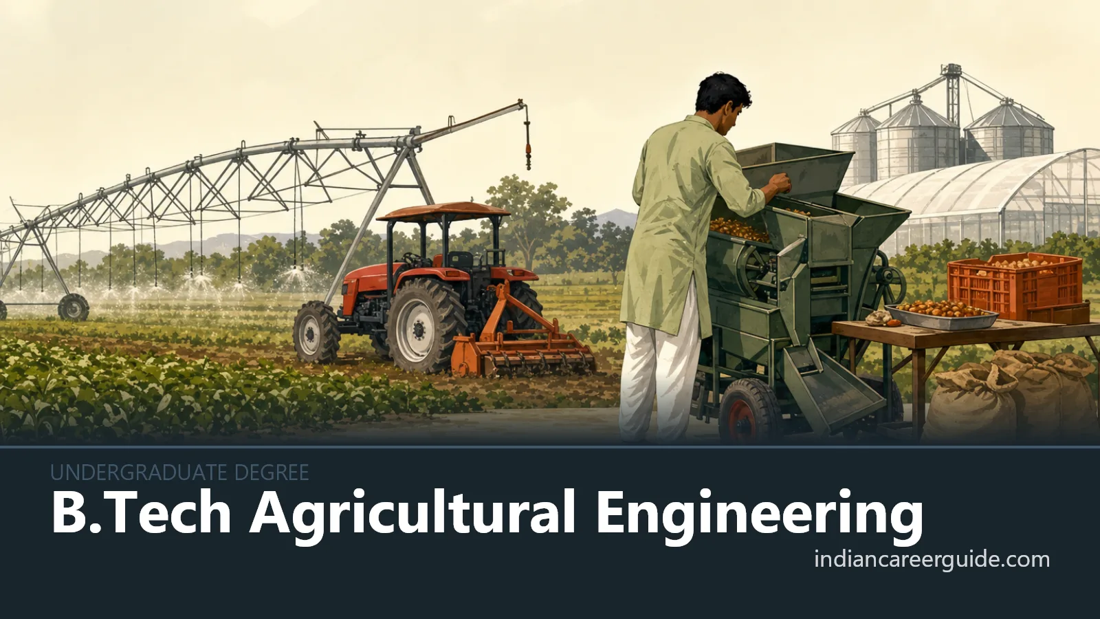 Indian farm field where a B.Tech Agricultural Engineering student checks a precision farming drone.